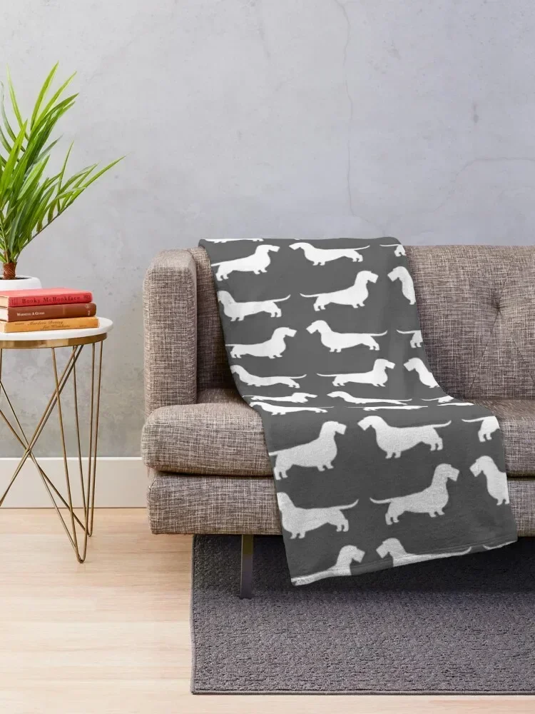 Wire Haired Dachshund White Wiener Dog Silhouette(s) Throw Blanket decorative christmas gifts Blankets