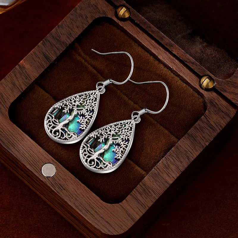 S925 Sterling Silver Drop Earrings for Women Tree of Life Pattern Inlaid Abalone Shells Ear Drops Fashion Jewelry Wholesale