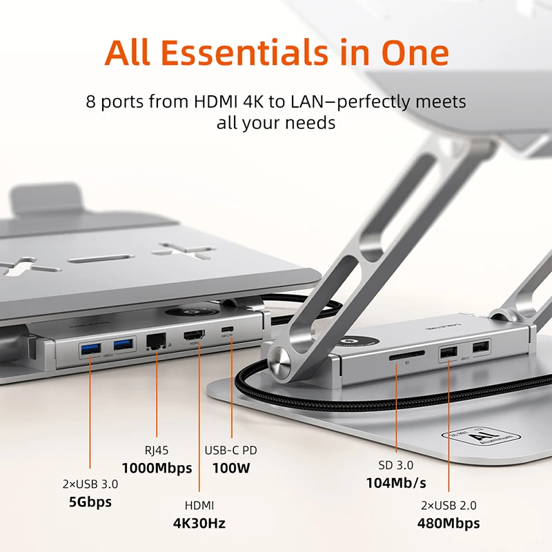 CABLETIME 8 IN 1 Laptop Stand with USB C Hub 4K30Hz RJ45 1000Mbps USB 3.0 5Gbps PD100W SD Card for Laptop Lenovo DELL iPad
