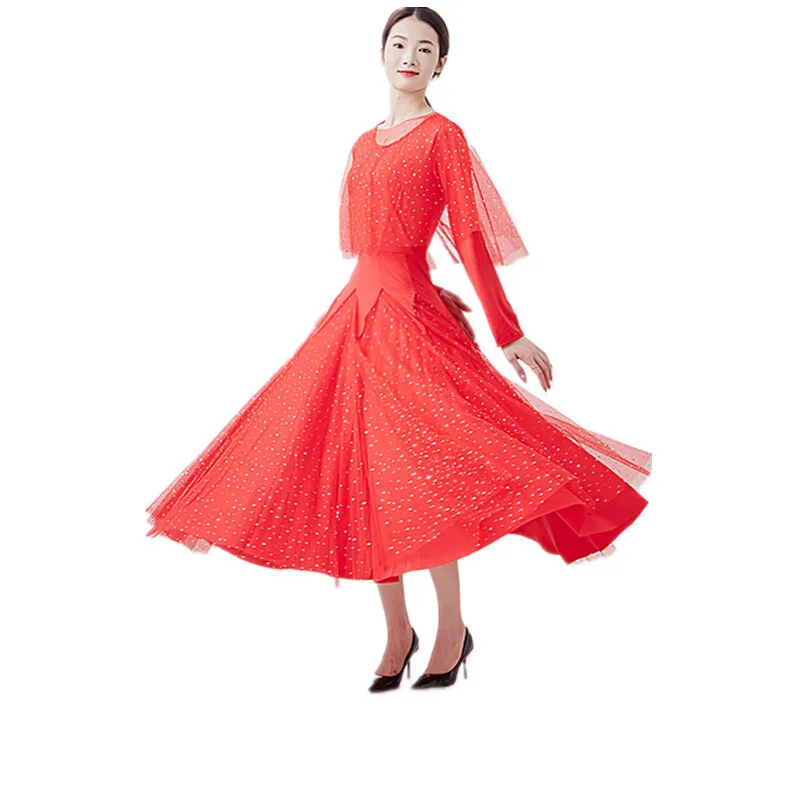 New Modern Red Dance Dress National Standard Dance Dress Big Swing Dress Long Sleeve Performance Dress Social Dance Performance