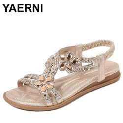 Women Flat Rhinestone Sandals Bohemian Sandals Summer New Non Slip BeachElastic Low Heels Roman Sandals