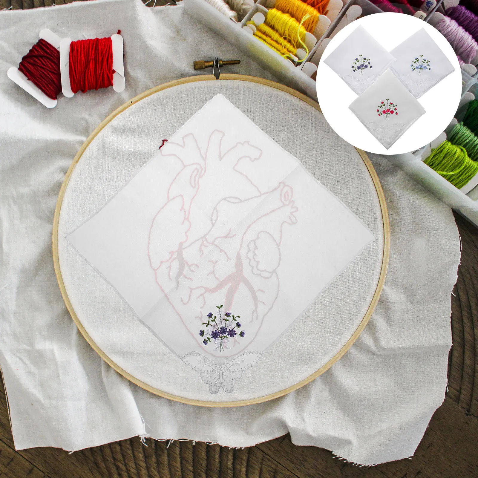 

3pcs Embroidery Square Handkerchief Cotton Fabric Floral Design Pocket Square For Women Lace Trim Bridal Gift Towel Set