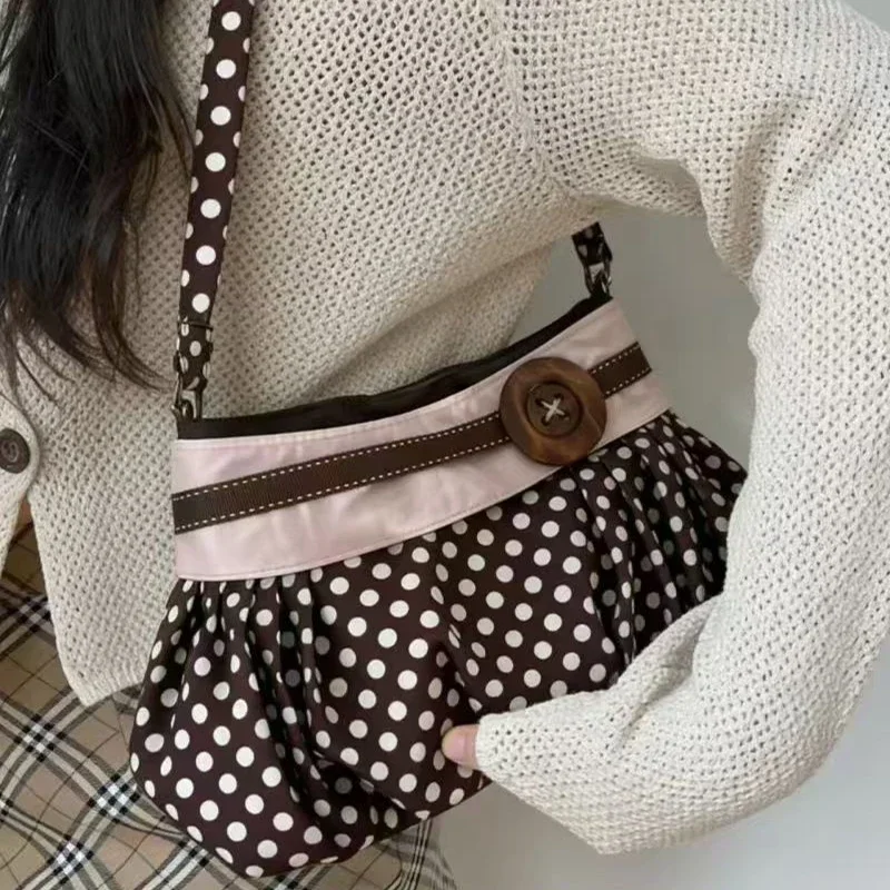 Vintage Polka Dot Shoulder Bag Women Button Decor Ruched Crossbody Handbag Casual Minimalist Underarm Tote Bag Commute Shopping