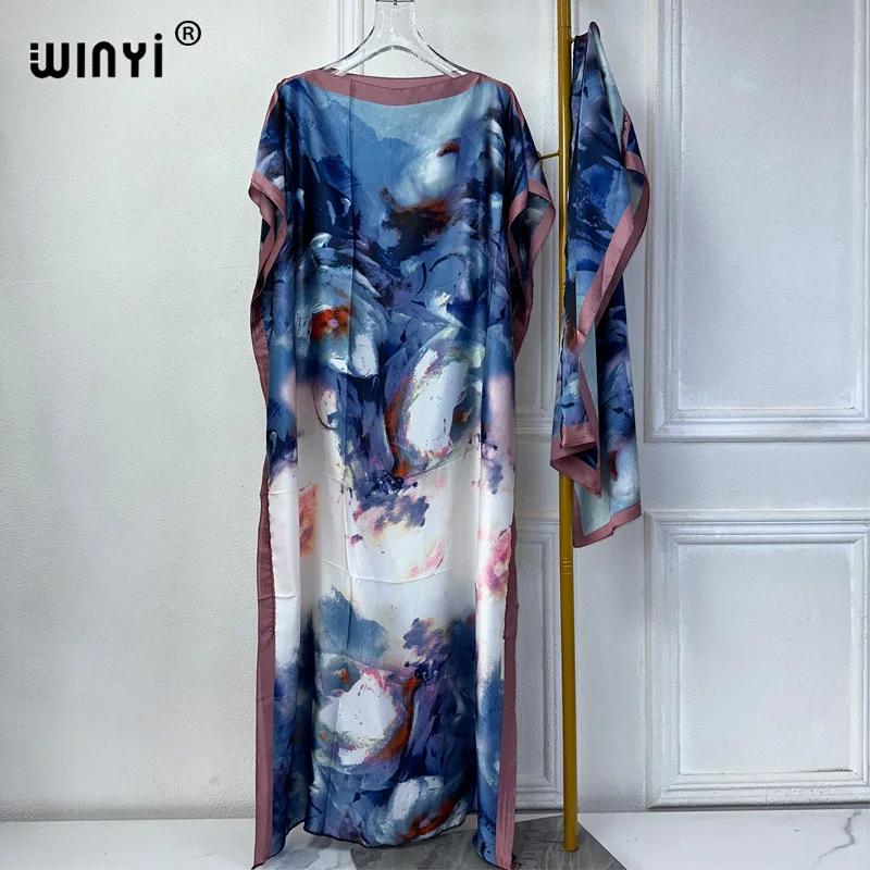 WINYI 2024 New African Women Dashiki boho print muslim woman dubai Free Size Design With Scarf Maxi Loose African Elegant Dress