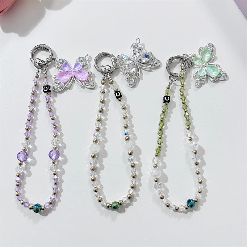 Exquisite Rhinestone Butterfly Pendant Y2K Korean Beaded Lanyard Phone Chain Wristband Anti Lost Cellphone Strap Keyring Charm