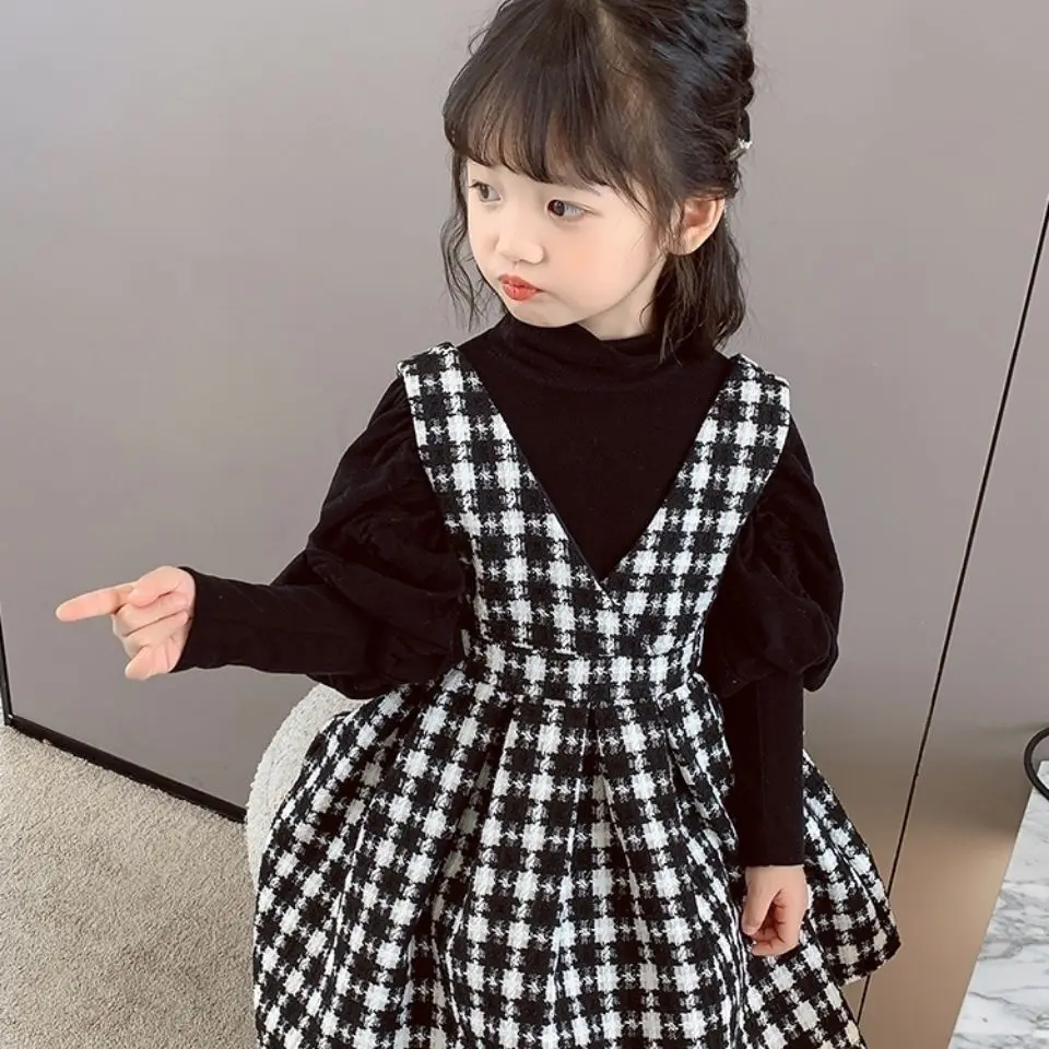 

Girls Black White Grid Princess Dress Spring Autumn New Baby Korean Style Vest Skirt Kid Fashion Suits Children Clothes Sets