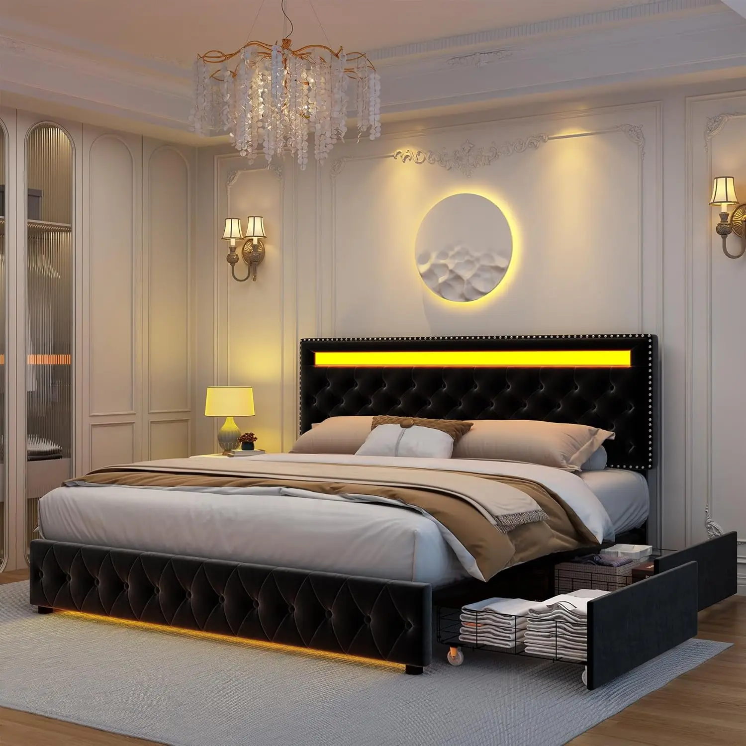 Queen-LED Bed Frame com 4 gavetas de armazenamento, controle inteligente, RGBW luzes LED, cabeceira Footboard, DIY Cor, Novo