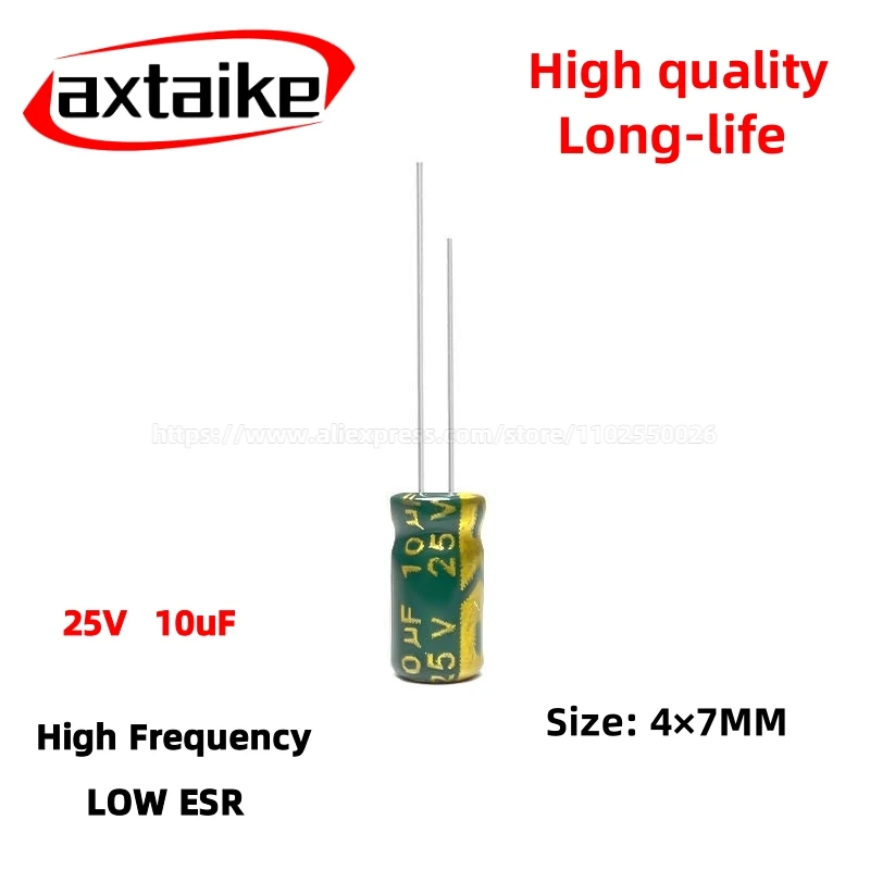 50PCS 25V10uF Aluminum Capacitor, High Frequency Low ESR 105°C Radial for Power Supply Long-life 4×7MM