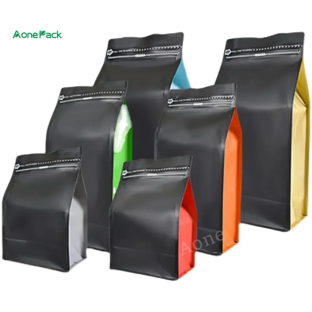 25PCS Fashioned Matt Black White Colorful Roast Coffee Bean Packaging Bag With Valve T-Zipper 125g 250g 500g 1kg Box Bottom Bags