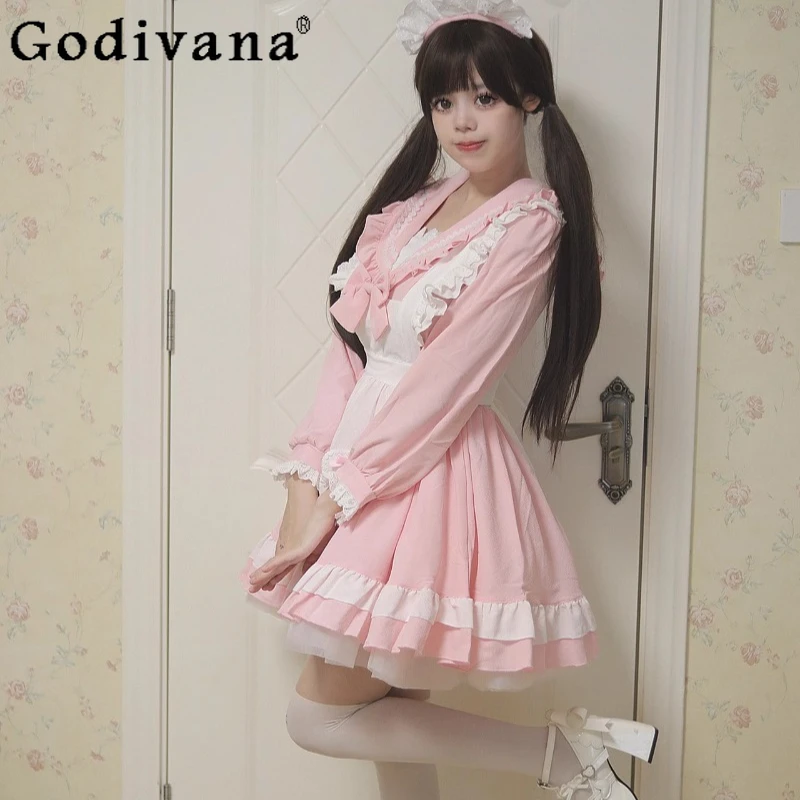 코스프레 학교 메이드 복장 여성 귀여운 아카데미 선원 로리타 긴 소매 메이드 복장 웨이트리스 파티 의상을위한 소녀 의상