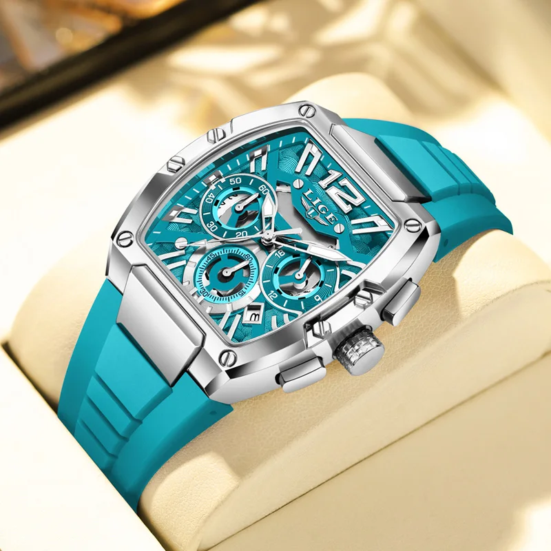 2025 LIGE New Men's Watch Multi Functional Quartz Rectangular Golden Sports Clock Casual Fashion Silicone Strap Men Watch+Box image 3