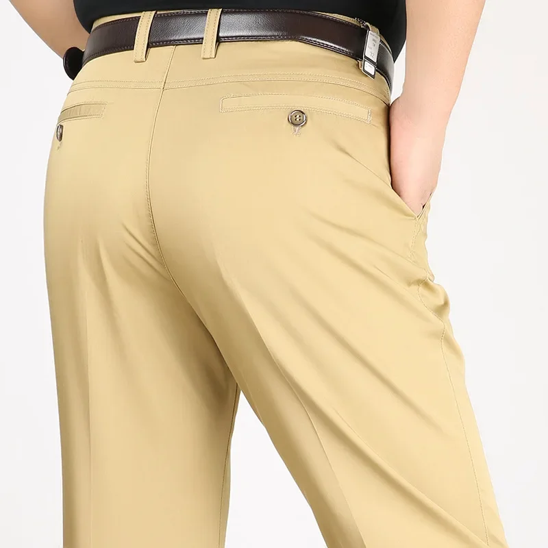 Summer Ice Silk Cotton White Pants Men Thin Middle-aged Mens Casual Business Straight High Waist Long Trousers Office Wear Male