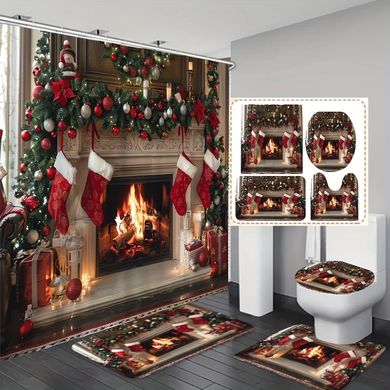 Christmas Fireplace Stockings Bathroom Set - 1PC/3PCS/4PCS, Machine Washable, Fade Resistant Polyester Bath Ensemble with Free H