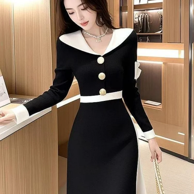RAIN YAN LIN Autumn New Black Elegant Dress Women's Fashion V-Neck Long Sleeve Slim Midi Dress Casual Beautiful Dresses