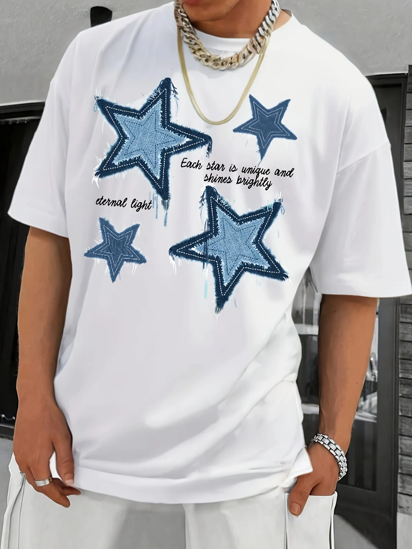 

100% Cotton Elegant Crew Neck T-Shirt-Geometric Star Pattern,Slight Stretch Knit Fabric,Summer Casual Sport Business Fashion Tee