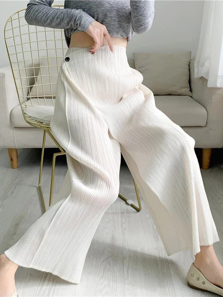 Miyake Women Pleated Solid Color Ankle-length Pants Elastic Waist Wide Leg Straight Female Trsouser Loose 2024 Summer