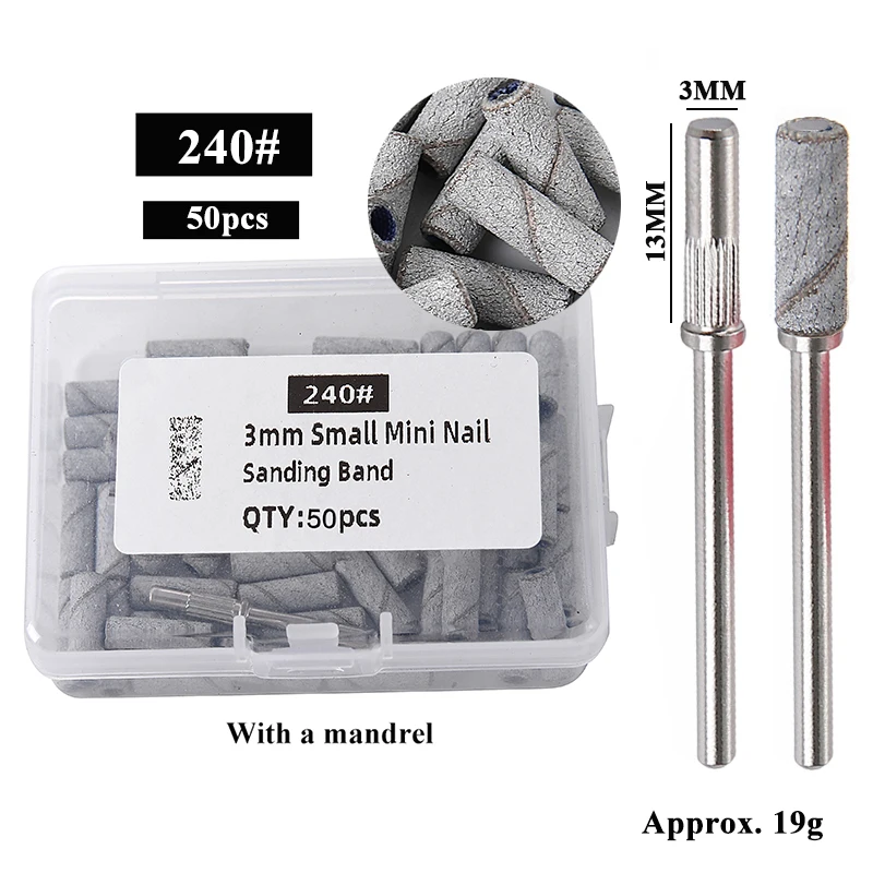50 개/상자 3mm 미니 샌딩 밴드 1 샤프트 네일 드릴 비트 맨드릴 세트 전기 매니큐어 액세서리 도구 죽은 스킨 리무버