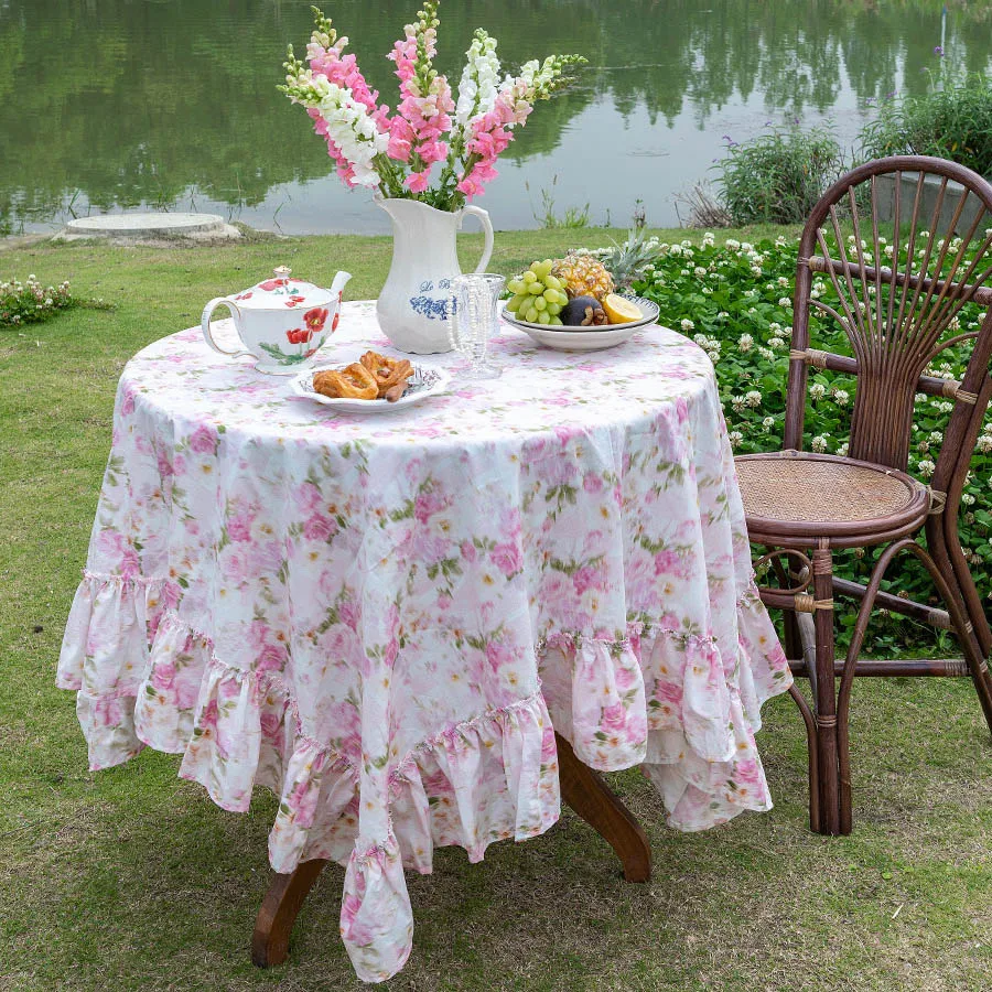 Affordable Luxury Rose Tablecloth Pastoral Cotton Linen Pink Tablecloth Garden Table Decorative Cloth Picnic Cloth for Outing
