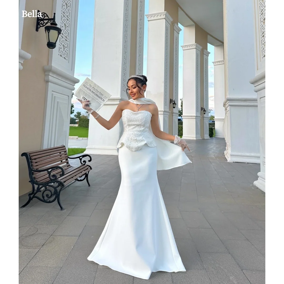 

Bella Customized Women White Strapless Prom Dress Beaded Peplum Waist Mermaid Maxi Party Dresses Shawl Design robes de soirée