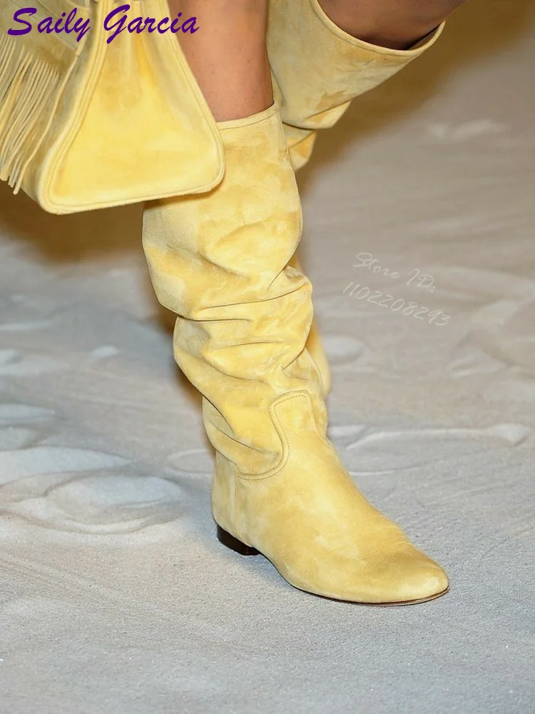 

Yellow Flat with Boots Round Toe Shallow Low Heel Mid-calf Boots Pleated Slip-on Women 2025 Autumn Fashion Shoes British Style