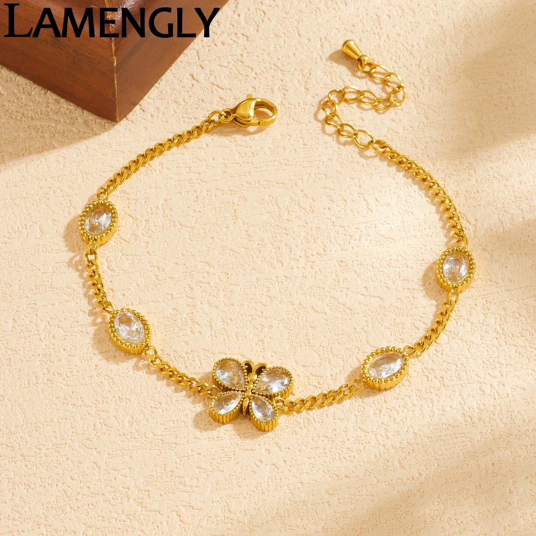 LAMENGLY Light Luxury Zircon Inlay Butterfly Oval Charm Bracelet Women 316l Stainless Steel Exquisite Trend Hand Chain Jewelry