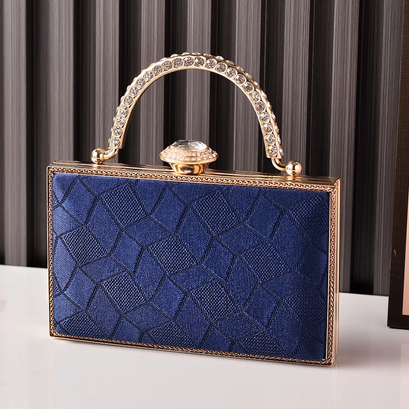 Navy Blue Textured Fabric Evening Bag Women's Rhinestone Handle Metal Frame Clutch Purse Bridesmaid Cocktail Party Handbags