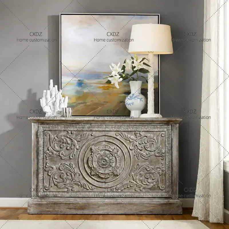 Rural Solid Wood Relief Dining Side Cabinet Antique Weathered Gray Retro Entryway Storage High End Customized Wine Cabinet