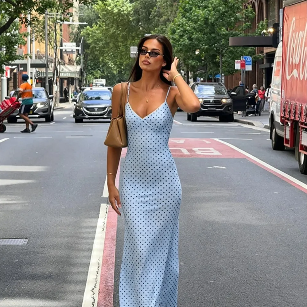 MsChuh Polka Dots Dress Summer Party Dresses For Woman New Solid Color Suspender Vestidos Contrast Backless Temperament Slim
