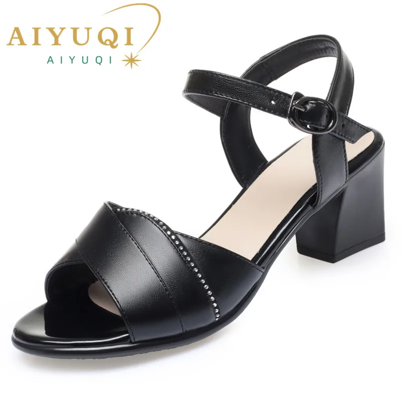 AIYUQI Fashion Sandals Women New Summer Genuine Leather Roman Sandals Women Mid Heels Fish Toe Shoes Sandals For Women