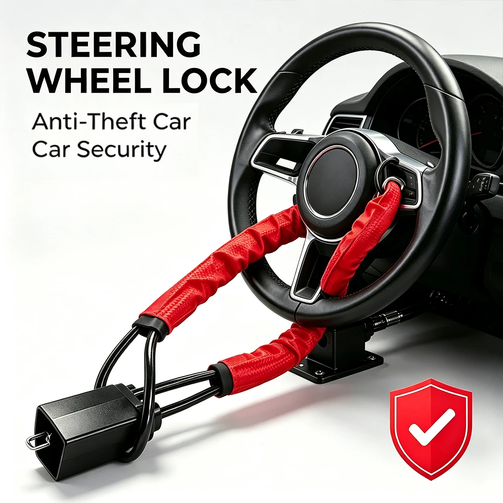 Universal Car Anti-Theft Steering Wheel Lock Braided Steel Cable Double Lock Design Sedan SUV Truck Security Lock with 3 Keys