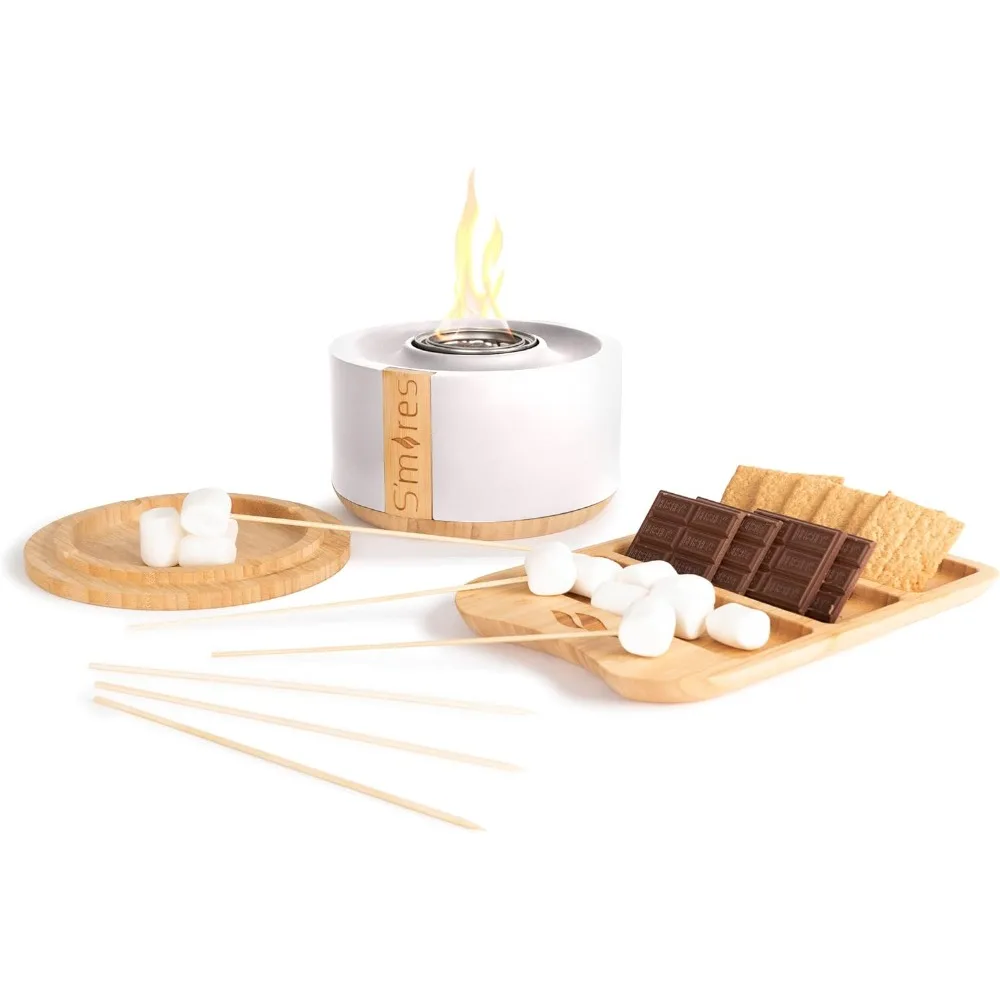 Portable Indoor and Outdoor Smoke Free Clean Burning Gel Fuel S'mores Roaster Tabletop Gift Set withTray - White