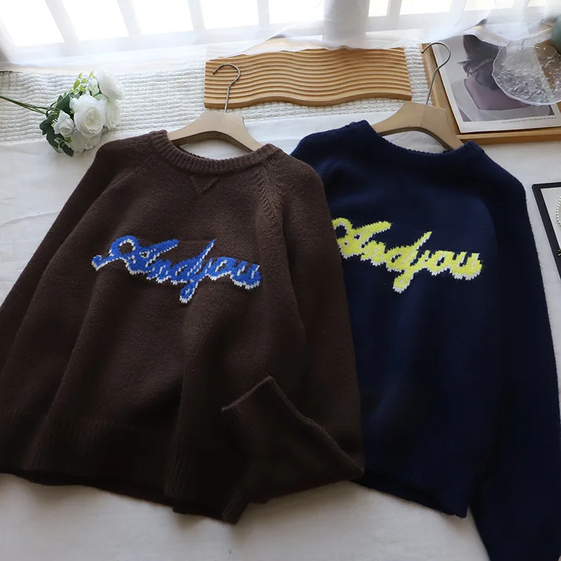 

Loose Fit round Ne Knitted Sweater Women's Autumn Winter Faionable Versatile Korean Sle Comfortable Warm Letter Embroidery