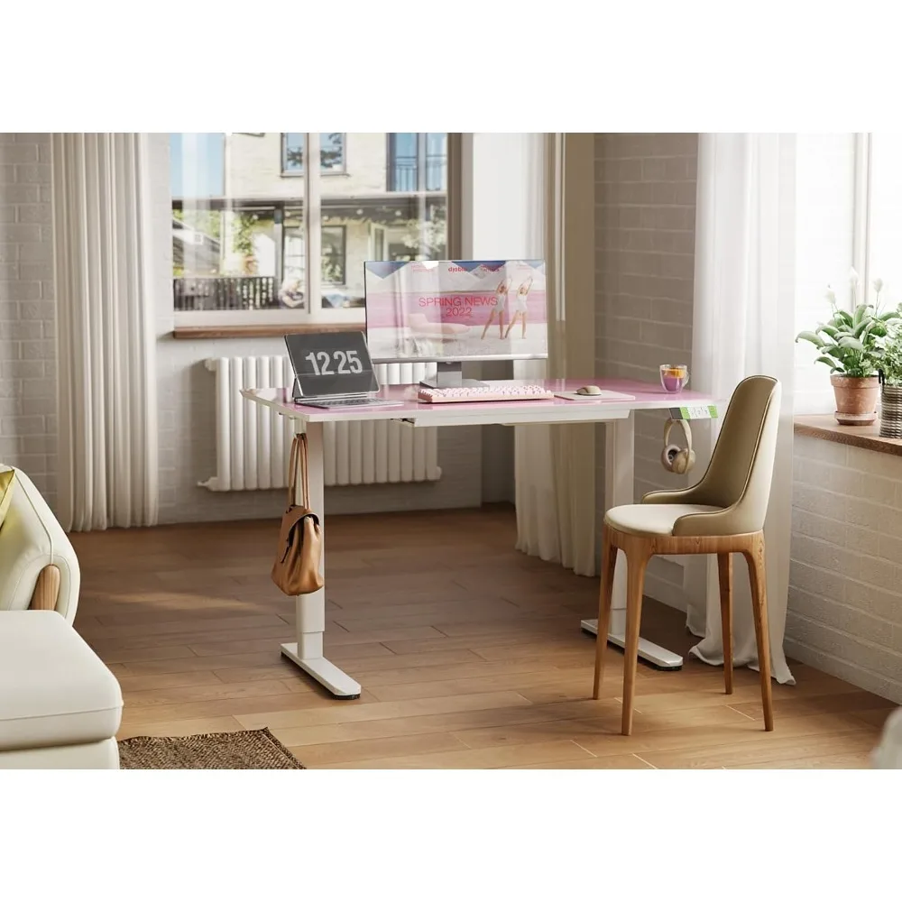 Glass Standing Desk with Drawers 48×24 Inch Morandi Powder