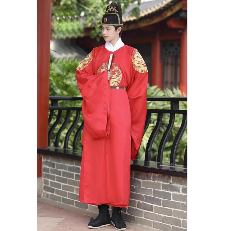 Ancient Hanfu Men Chinese Traditional Dragon Robe Wedding Clothes Ming Dynasty Cosplay Round Collar Adult Emperor Costume Party