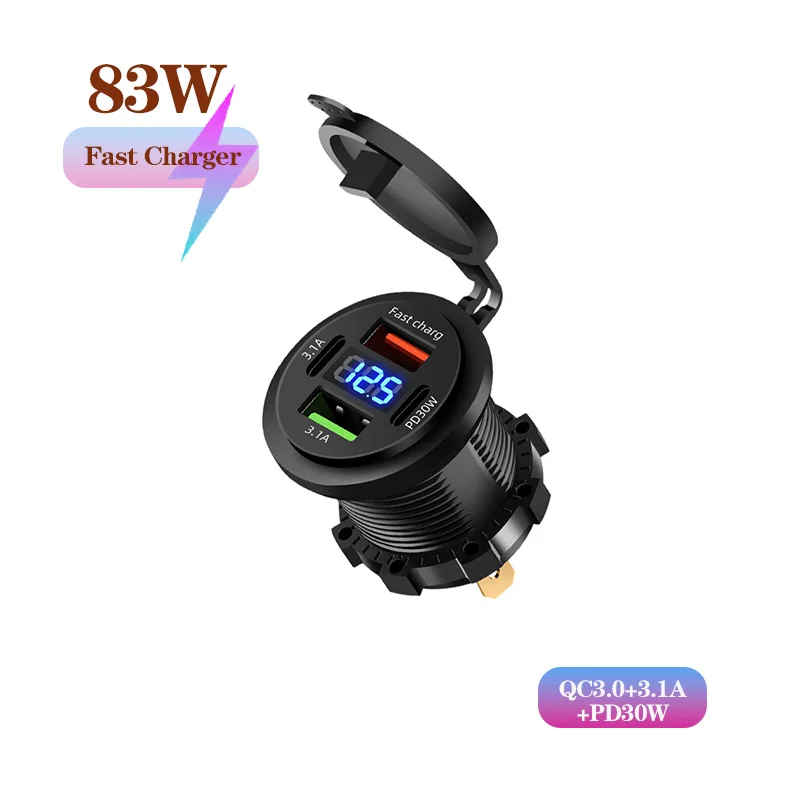 Car Charger Socket Dual Type-C & Dual USB 4Ports Fast Charging Socket Waterproof with Voltmeter 12V/24V For Car Boat Motorcycle