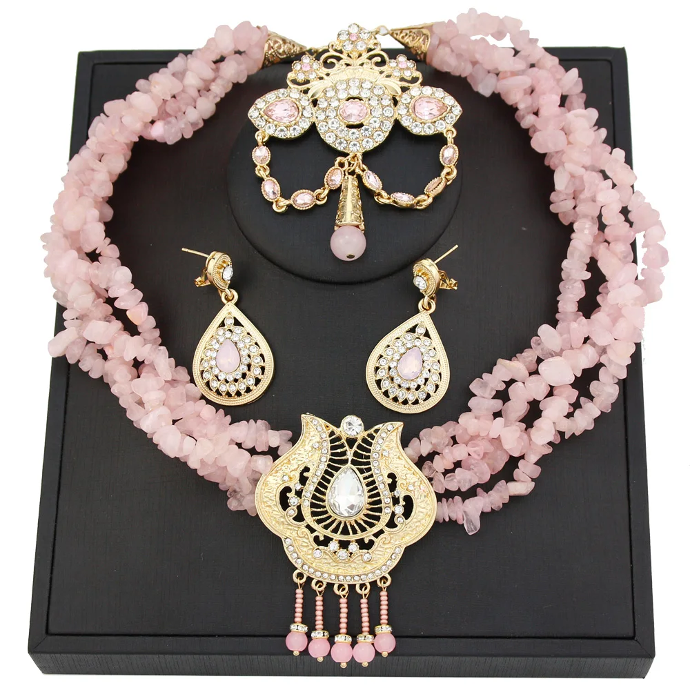 Sunspicems Pink Color Stone Choker Necklace Caftan Brooch Earring Morocco Bridal Wedding Jewelry Set Gold Plating Arab Bijoux