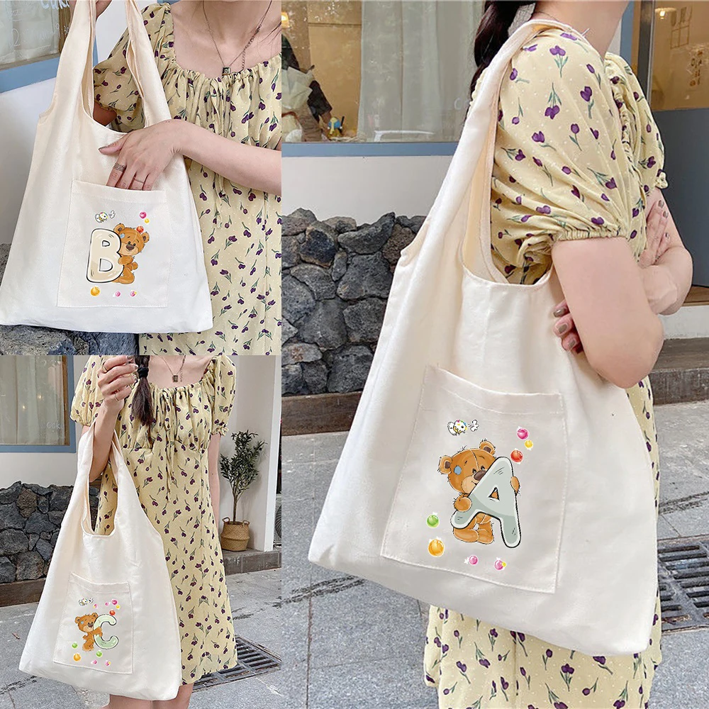 

Women's Shopper Shopping Bags Canvas Commuter Vest Bag Cotton Cloth Bear 26 Letters Series Grocery Handbags Eco Tote School Bag
