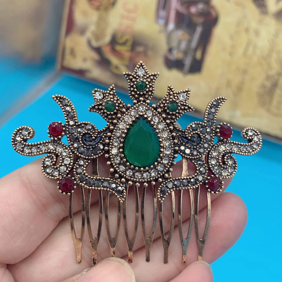 Peines de pelo Vintage para mujer, bisutería turca, corona verde, gota de agua grande, ropa de pelo acrílica, accesorios para el cabello de oro antiguo, VAZ