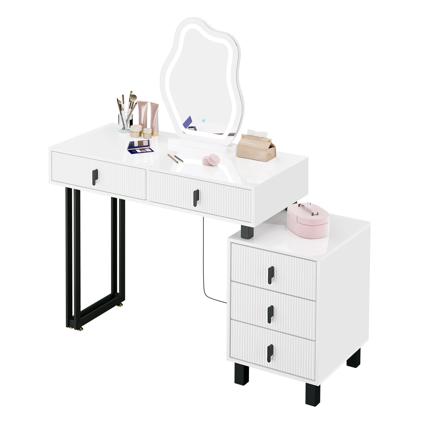 Vanity Dressing Table Dresser with Lighting Adjustable Brightness Irregular Mirror 5 Drawers Side Shelf Makeup Desk