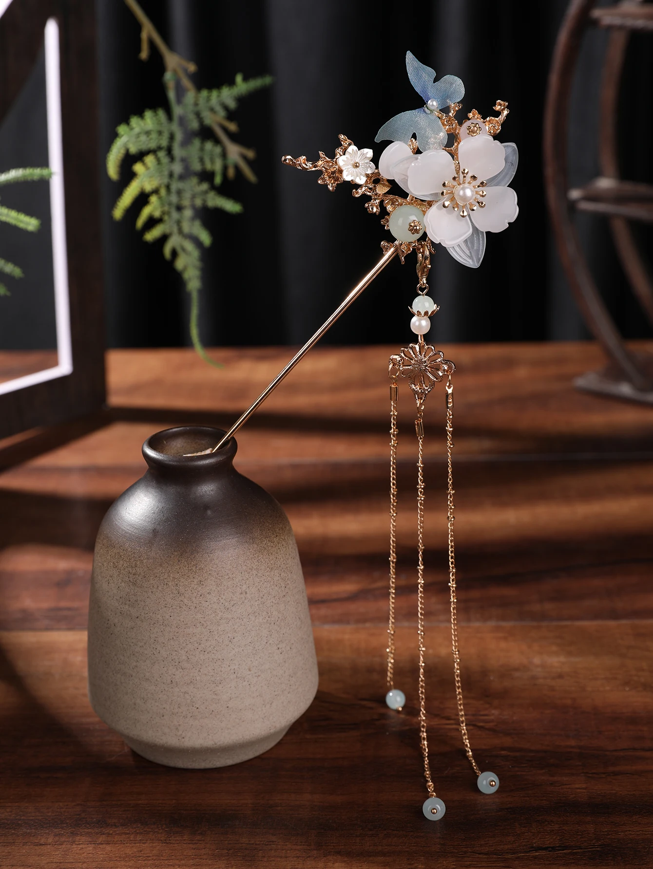 Antik-Stil Imitation Jade Schmetterling Haarnadel, Hanfu Quasten-Haarschmuck, Ätherischer Quasten-Haarschmuck mit Han-Elementen