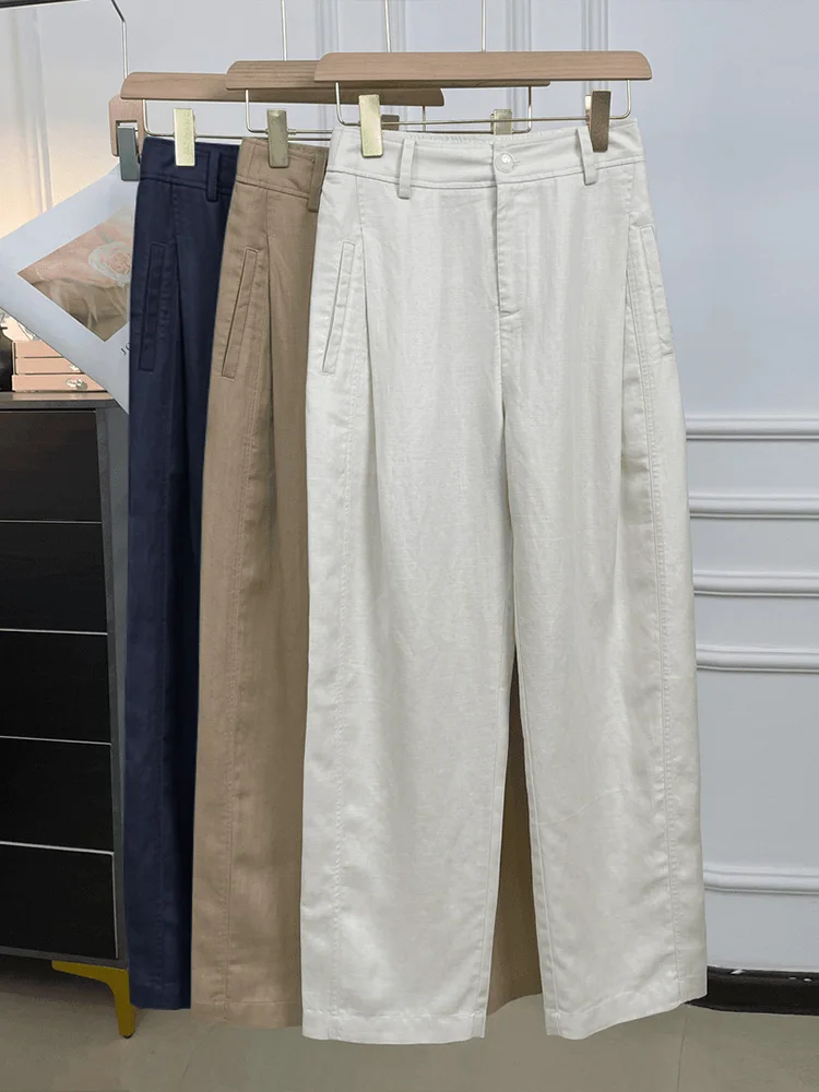

Summer Thin Nine-Five Linen Pants Women's Casual Harlan High Waist Linen Pants Korean Style Commute Loose Fit Pockets