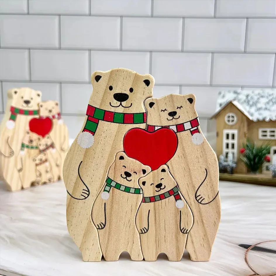 Winter New Personalized Wooden Color Bear Custom Family Name Puzzle Sculpture Christmas Unique Wooden Decor For Dad Mother's Day