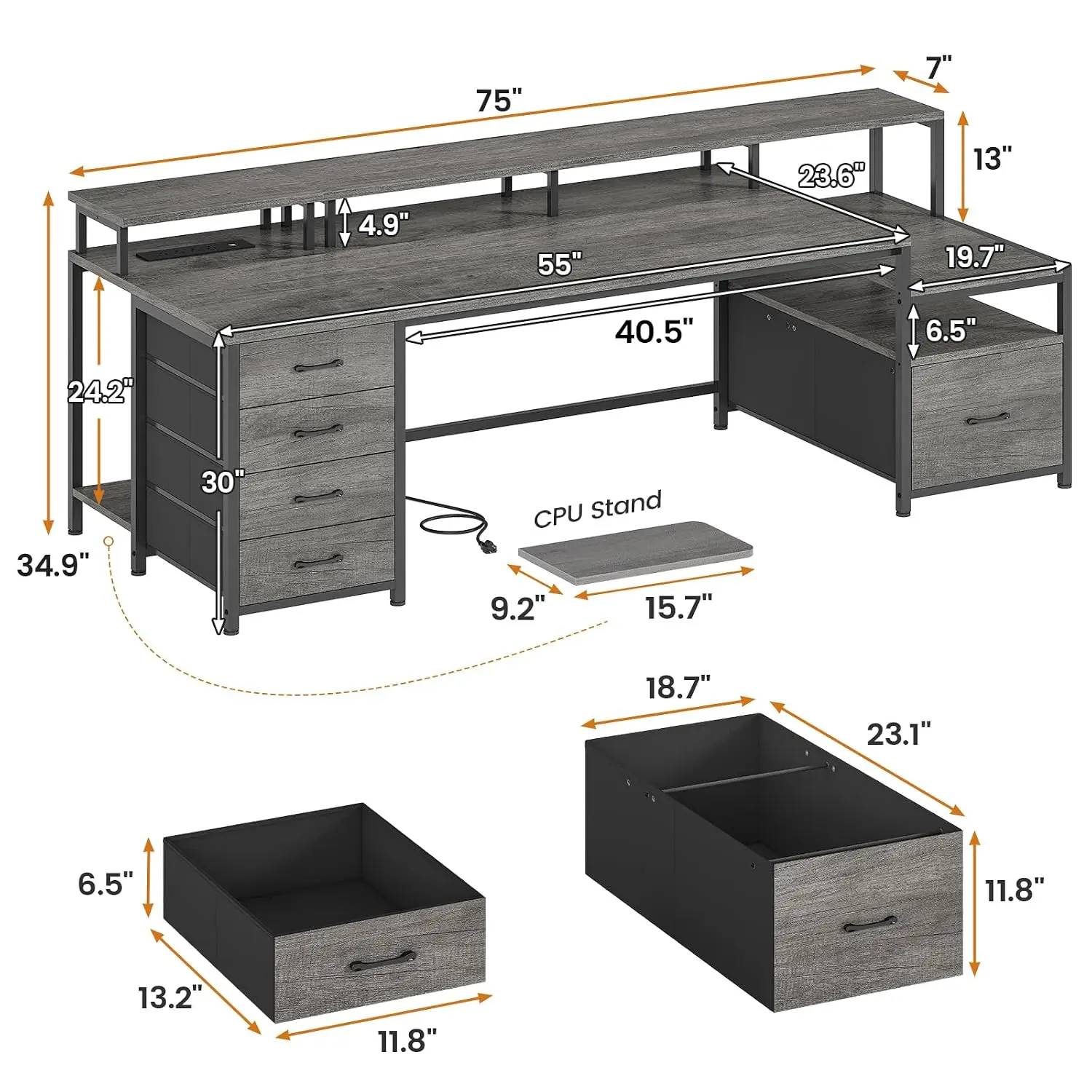 75 Inch Gray Computer Desk with 5 Drawers, Power Outlet, File Drawer, Storage Shelves, Monitor Shelf and LED Lights