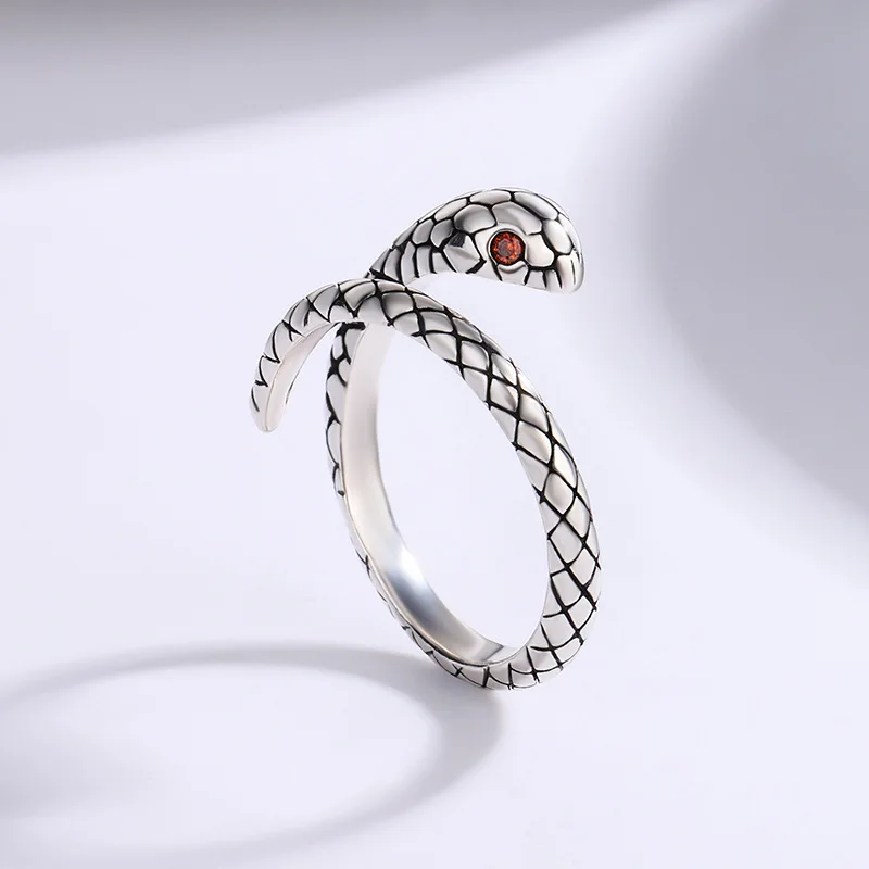 Beautiful Personality Temperament Animal 925 Sterling Silver Jewelry Not Allergic Red Crystal Snake Opening Rings  R156