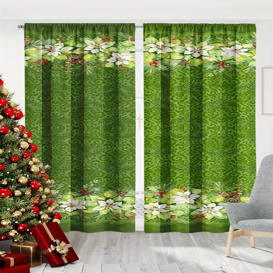 2PCS Digital Print Curtain, Green Paisley with White Poinsettia and Pine Branches, Pinecones Red Berries, for Window Home Decor