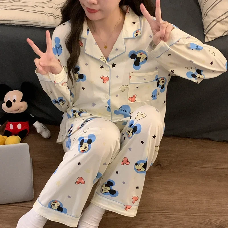 Cartoon Disney Mickey Mouse autumn new pajamas pajamas set casual long-sleeved trousers cute loose cardigan women\'s loungewear