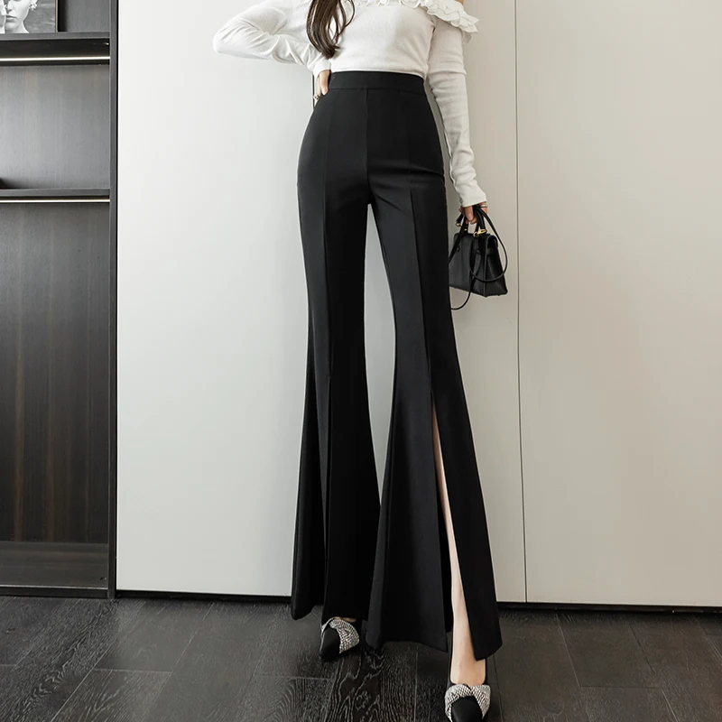 Chic Korean Fashion Ladies Wear Split Hem Bell-bottoms Pants Women OL High Waist Zipper Fly Trousers Female Streetwear Clothes