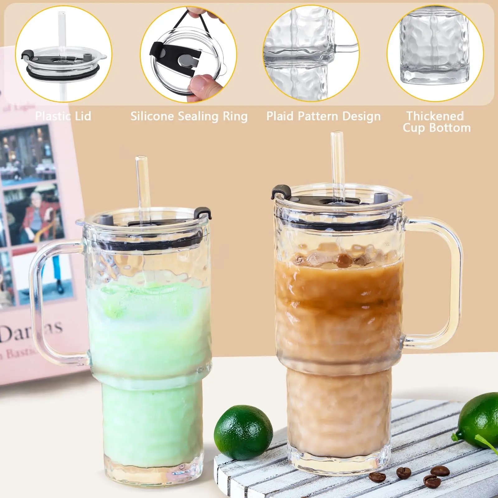 16 Oz Glass Tumbler Cup With Handle,Iced Coffee Cup For Cold/Hot Drinks, Modern Coffee Mug Mason Jar For Smoothies,Juice,Coffee