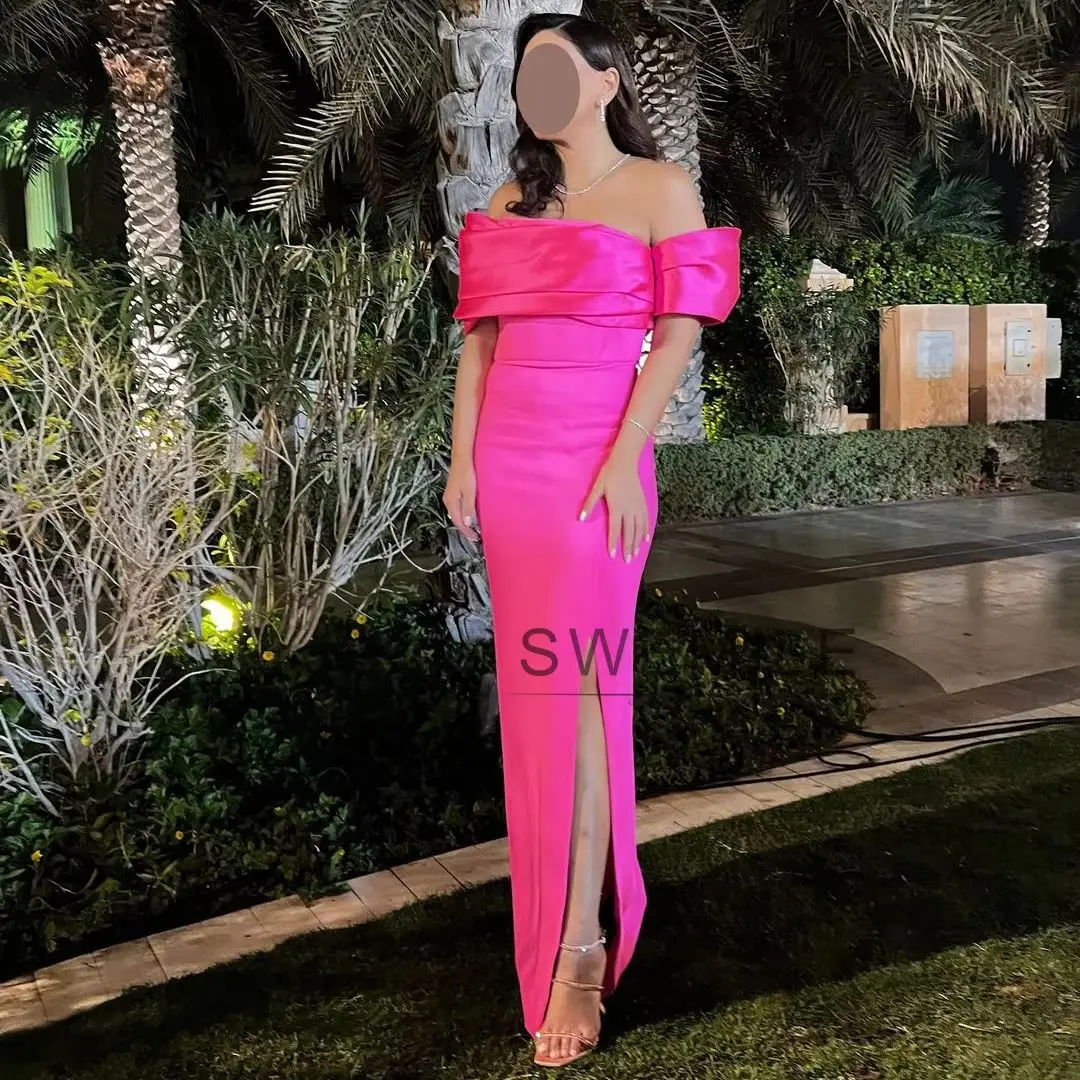 

SWEMILE Pink Sheath Satin High Slit Off-The-Shoulder Evening Dress Long Elegant Prom Gowns For Special Occassion Wedding Party