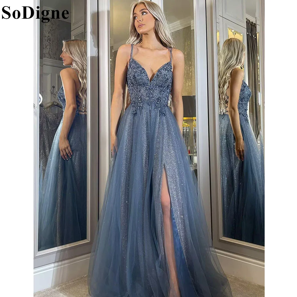 

SoDigne Glitter Tulle A-Line Prom Dresses Beaded Lace V-Neck Backless Spaghetti Straps Long Evening Gowns for Women Side Slit